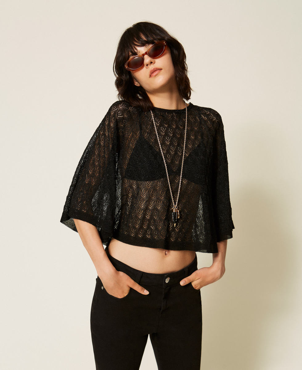 Pull cropped double usage Noir Lurex Femme 262TP3Q31_13597_01