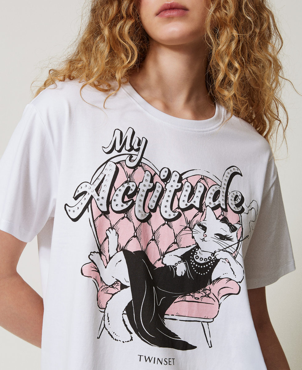 Oversized t-shirt with print and rhinestones Papers/Actitude Cat Print Woman 251AX2123_12462_03