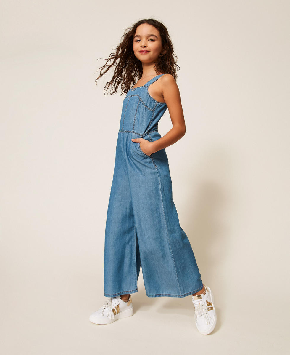 Combinaison longue en chambray avec smocks Chambray Bleu &laquo;&nbsp;Mid Blue&nbsp;&raquo; Fille 261GJ2073_13235_01