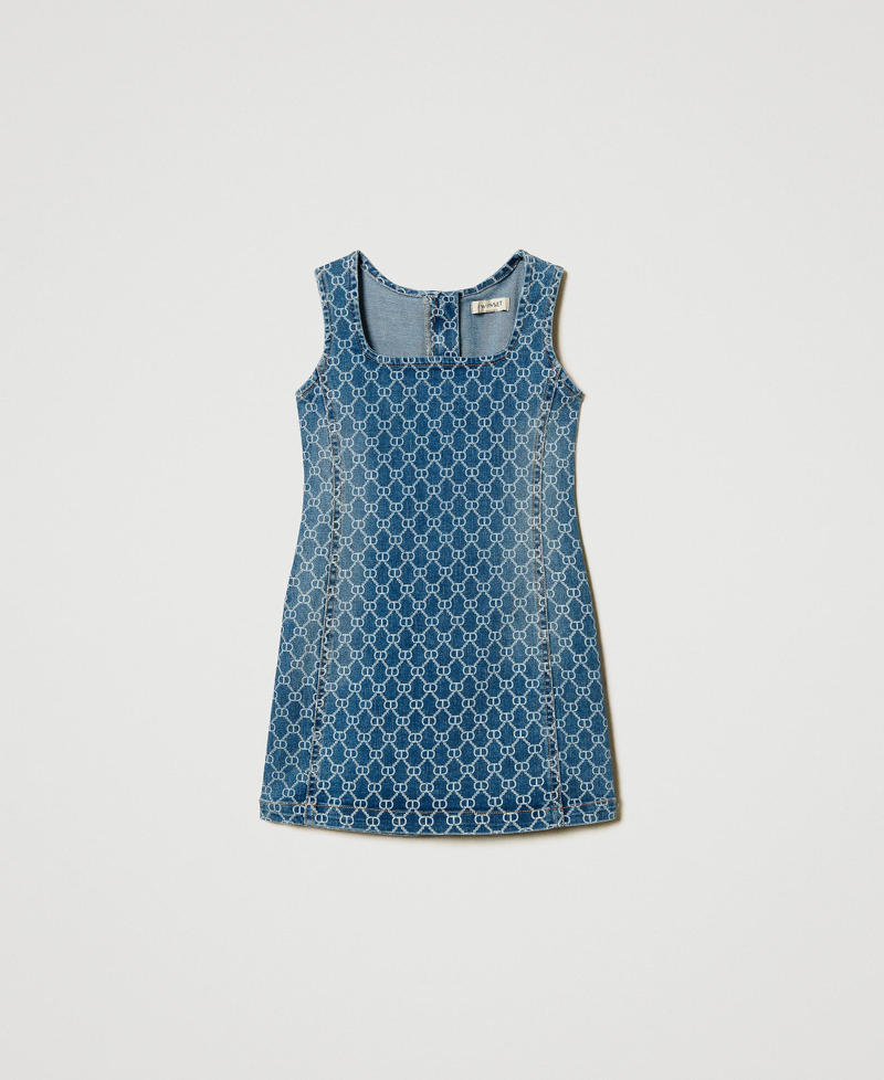 Short denim dress with Oval T logo all over Mid Denim Logo Girl 251GJ2660_12281_0S