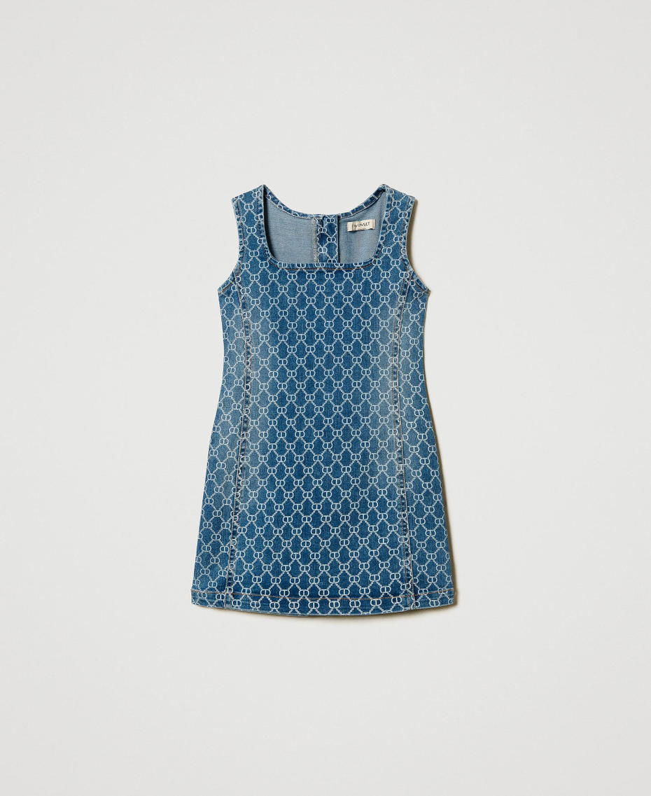 Short denim dress with Oval T logo all over Mid Denim Logo Girl 251GJ2660_12281_S0