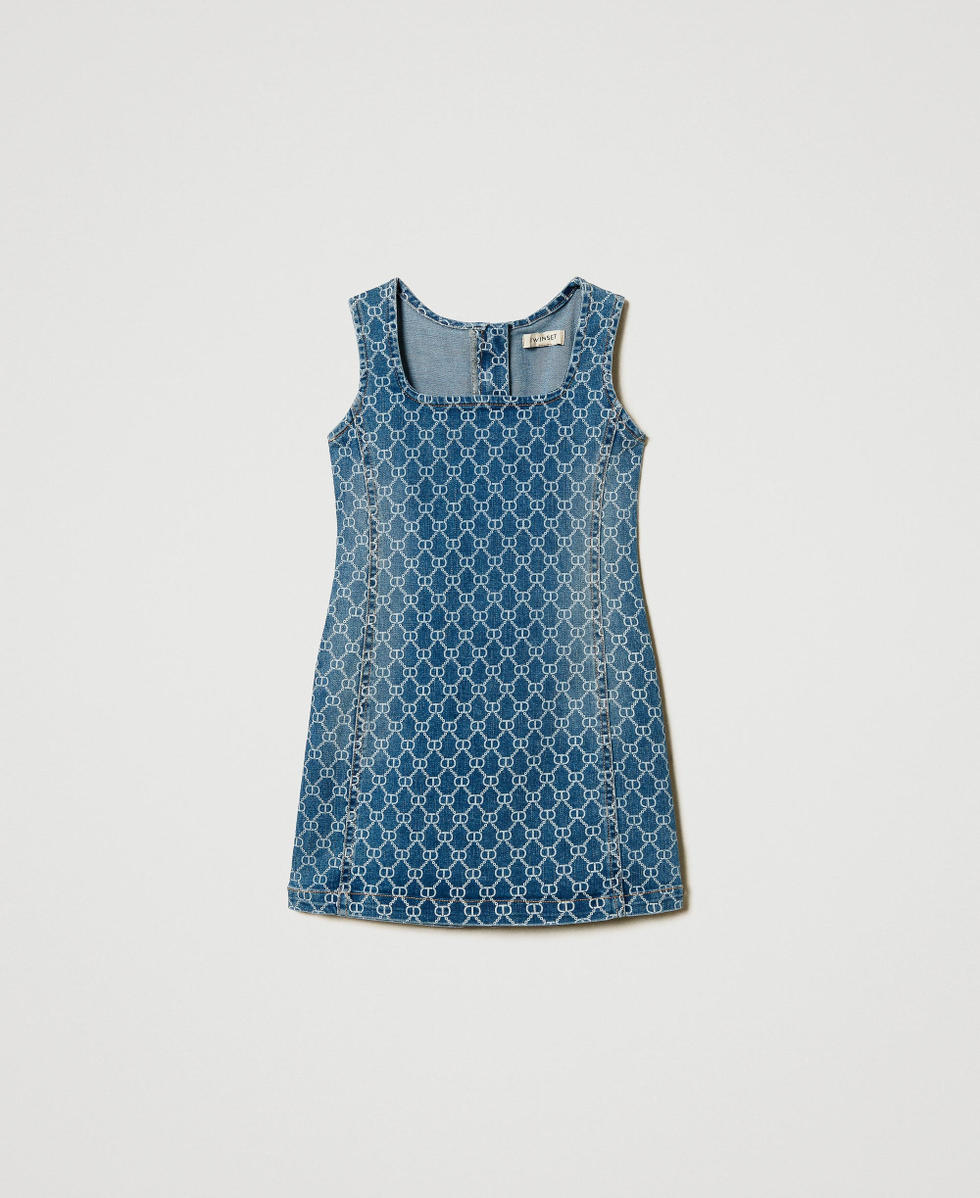 Short denim dress with Oval T logo all over Mid Denim Logo Girl 251GJ2660_12281_S0