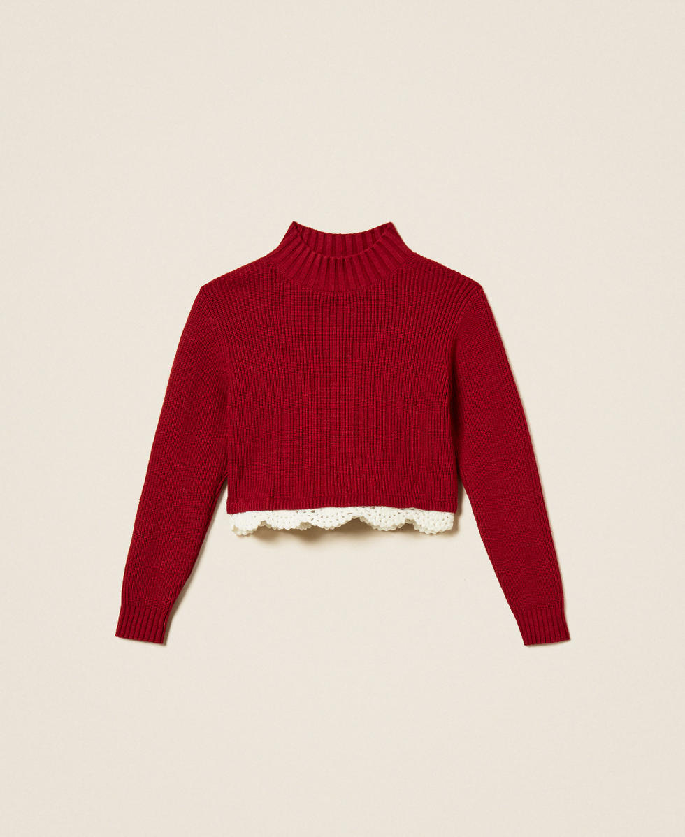 Stehkragenpullover mit H&auml;keldetails Red Ruby / Trimming "Schneewei&szlig;" M&auml;dchen 262GJ3080_13783_S0