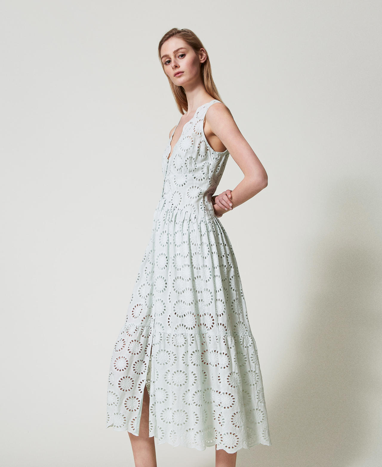 Long dress in broderie anglaise Water Green Woman 251TT2360_12371_03