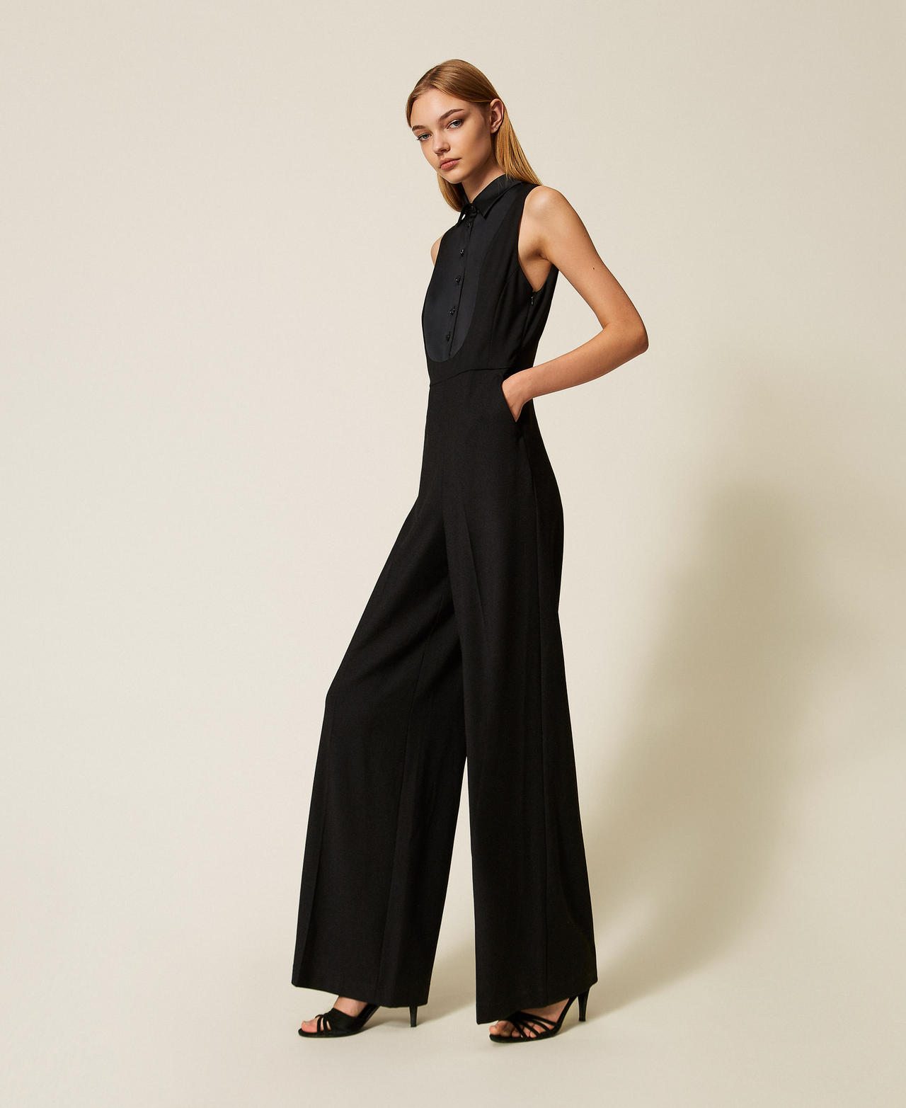 Tuxedo jumpsuit with satin details Black Woman 252TT2120_00006_03