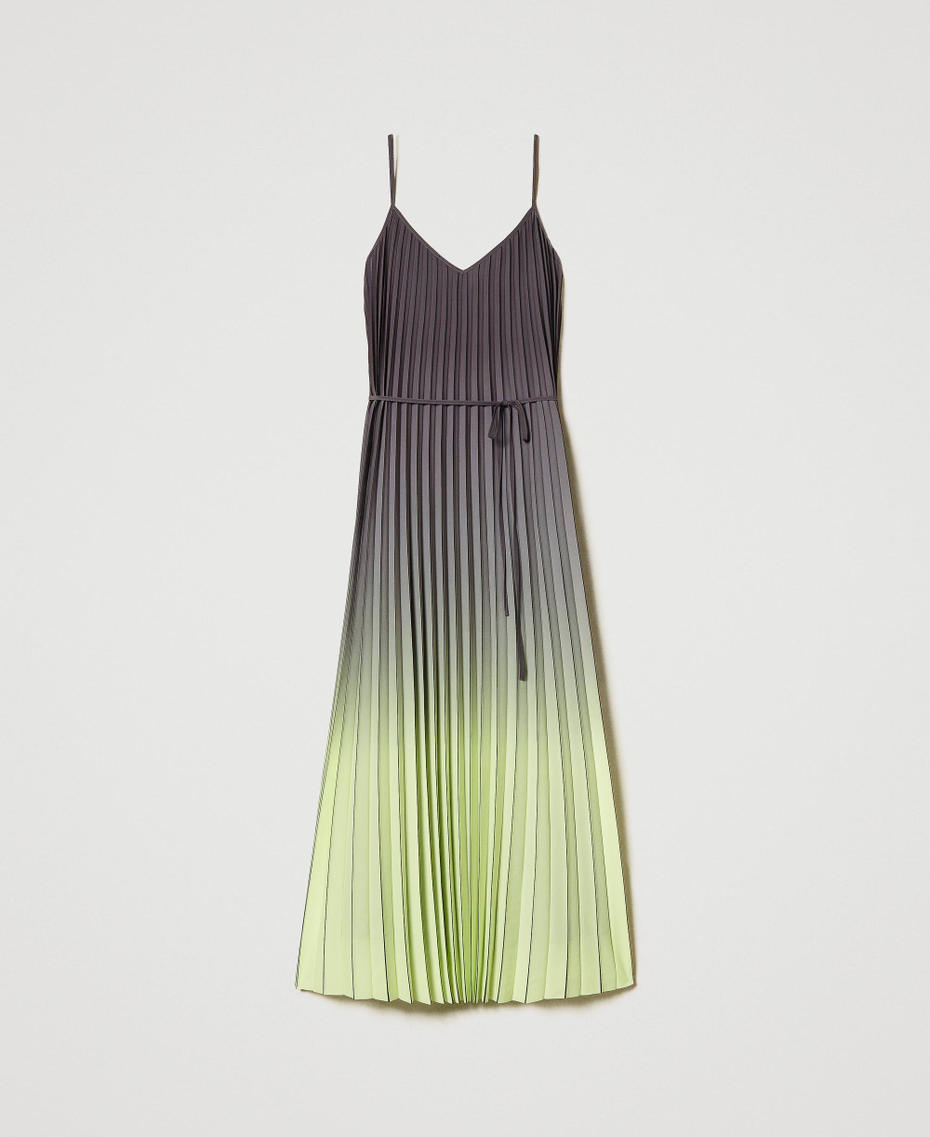 Pleated georgette long printed dress Two-tone Blackened Pearl Grey/ Soft Lime Green Woman 242LI2SCC_11818_S0