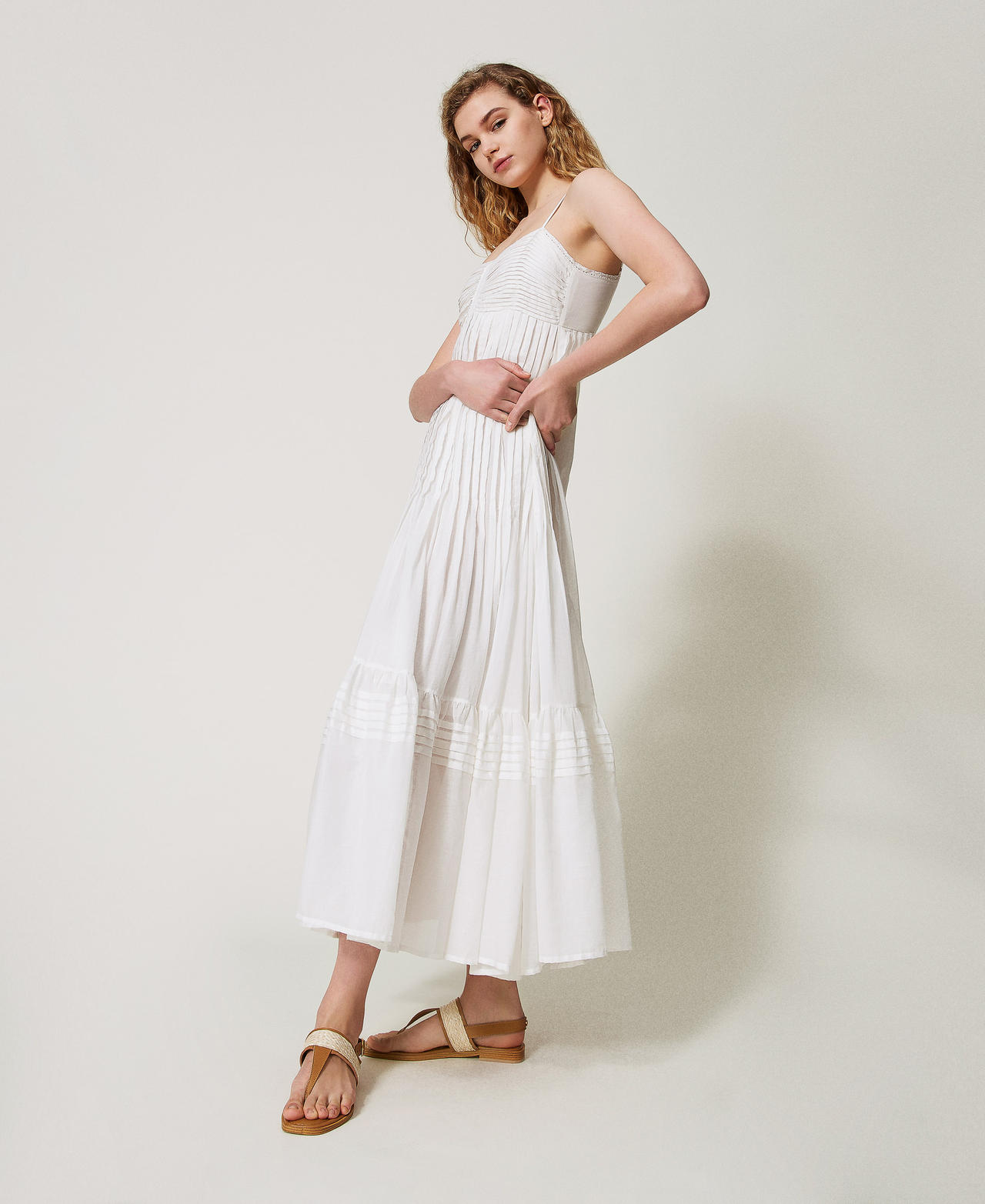 Длинное платье из муслина со складками Белый Sugar женщина 251LM2WDD_00632_02