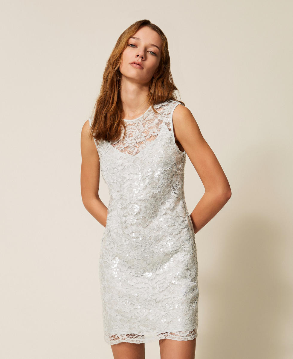 Short lace dress with sequins Aqua Blue Woman 261TP2631_13162_01