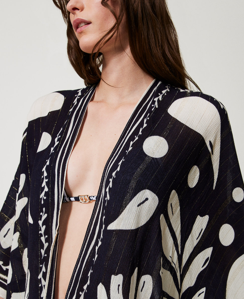 Poncho with print and tassels Classic Blue/Sugar Foulard Print Woman 251LM5BPP_12380_04