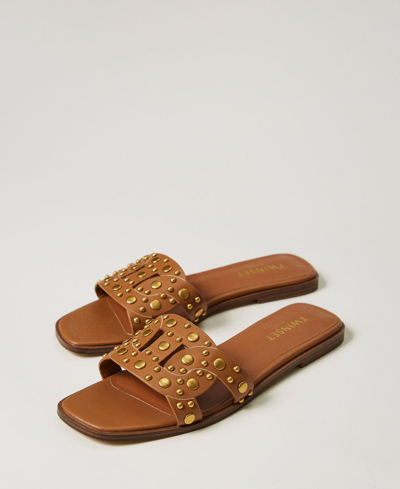 Leather slider sandals with studs Leather Brown Woman 251TGT072_00057_02