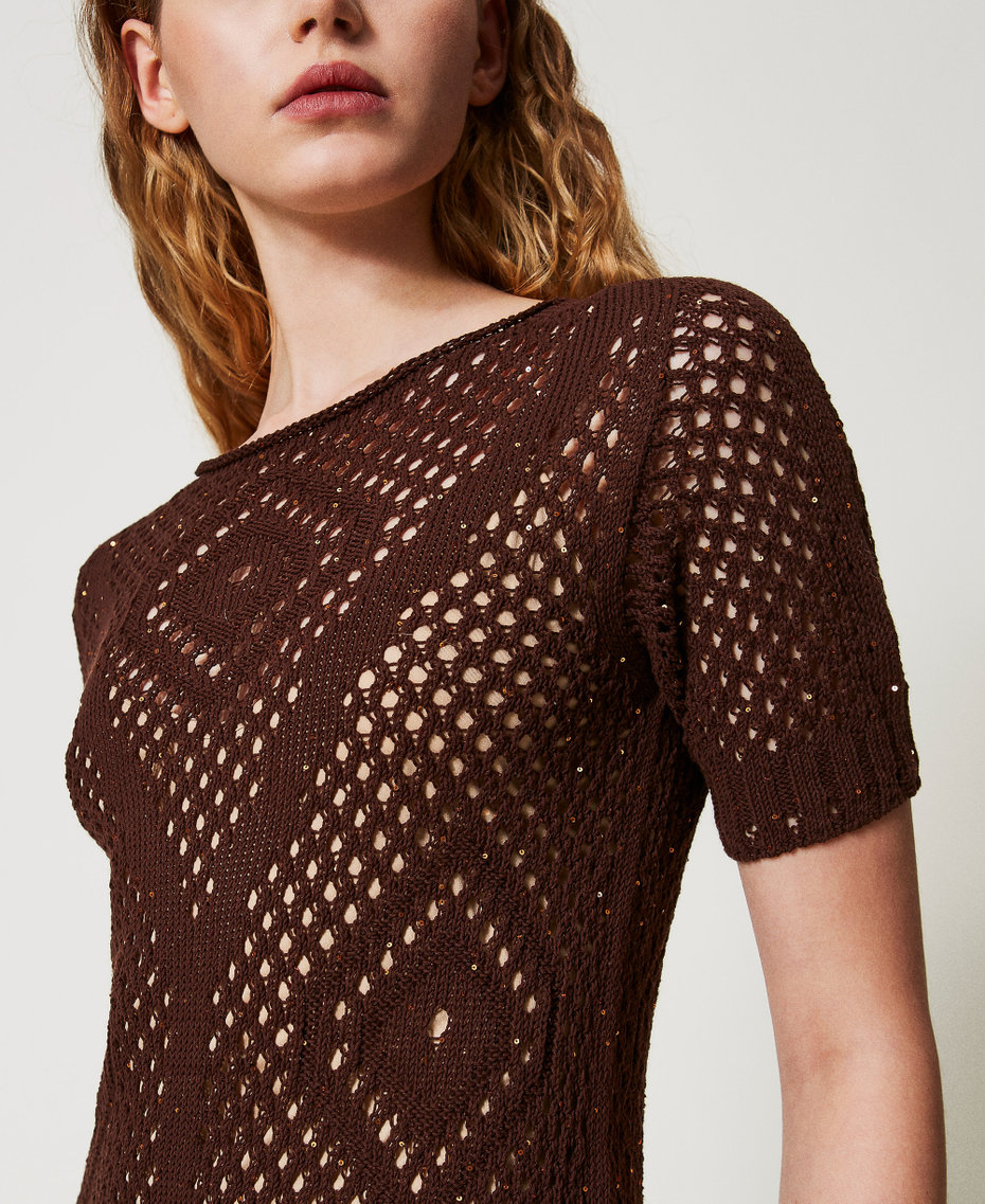 Short mesh dress with sequins Chocolate Sequins Woman 251TT3302_12479_04
