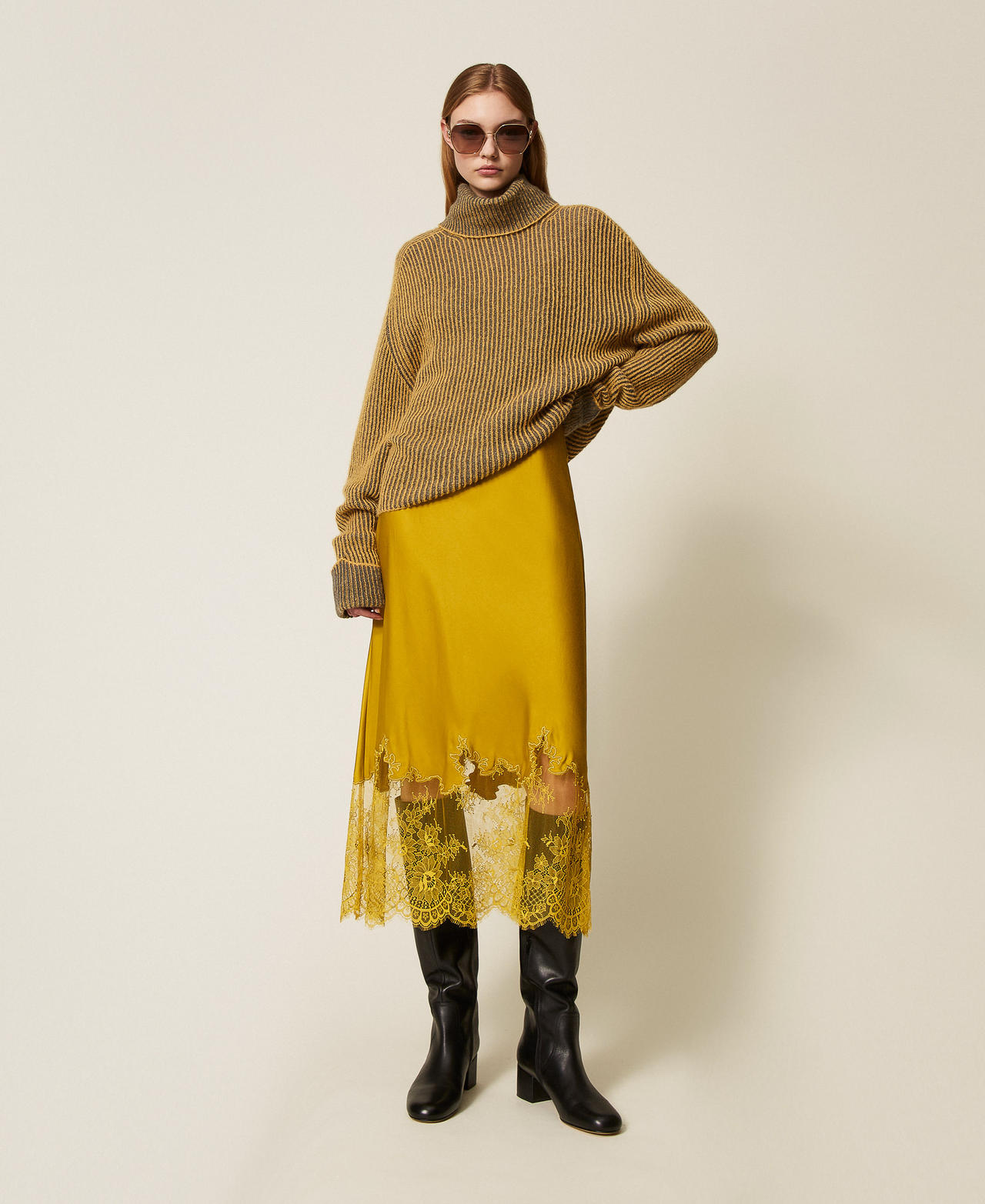 Rollkragenpullover mit Vanis&eacute;-Muster aus Wollmischung Mustard / Dunkelgrau-Melange Frau 252TF3010_12999_T0