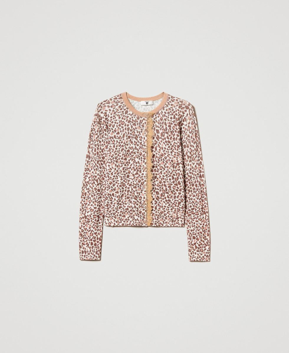Knit cardigan with print and lace Multicolour Animal Print Woman 242LL3TAA_11994_S0