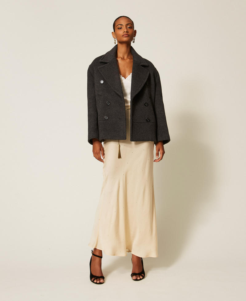 Caban en drap de laine m&eacute;lang&eacute;e Gris Anthracite Chin&eacute; Femme 262TT2471_12840_T0