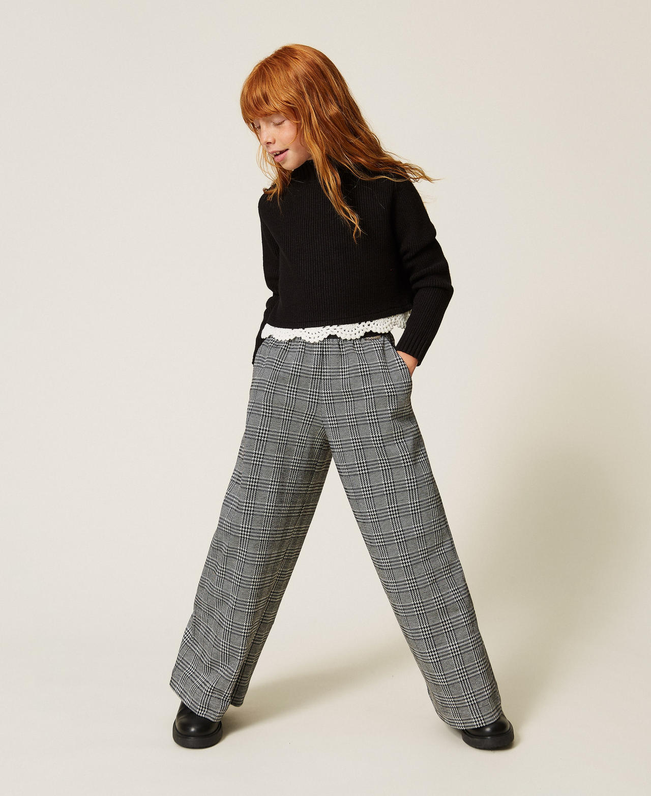TWINSET - Pantalon palazzo en prince de Galles, Femme, Prince de Galles Blanc "Neige"/Noir, 12A