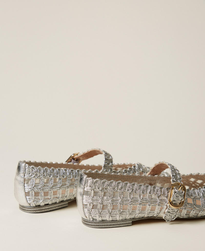 Ballet flats with strap and embroidery Silver Woman 261TGT074_00995_03