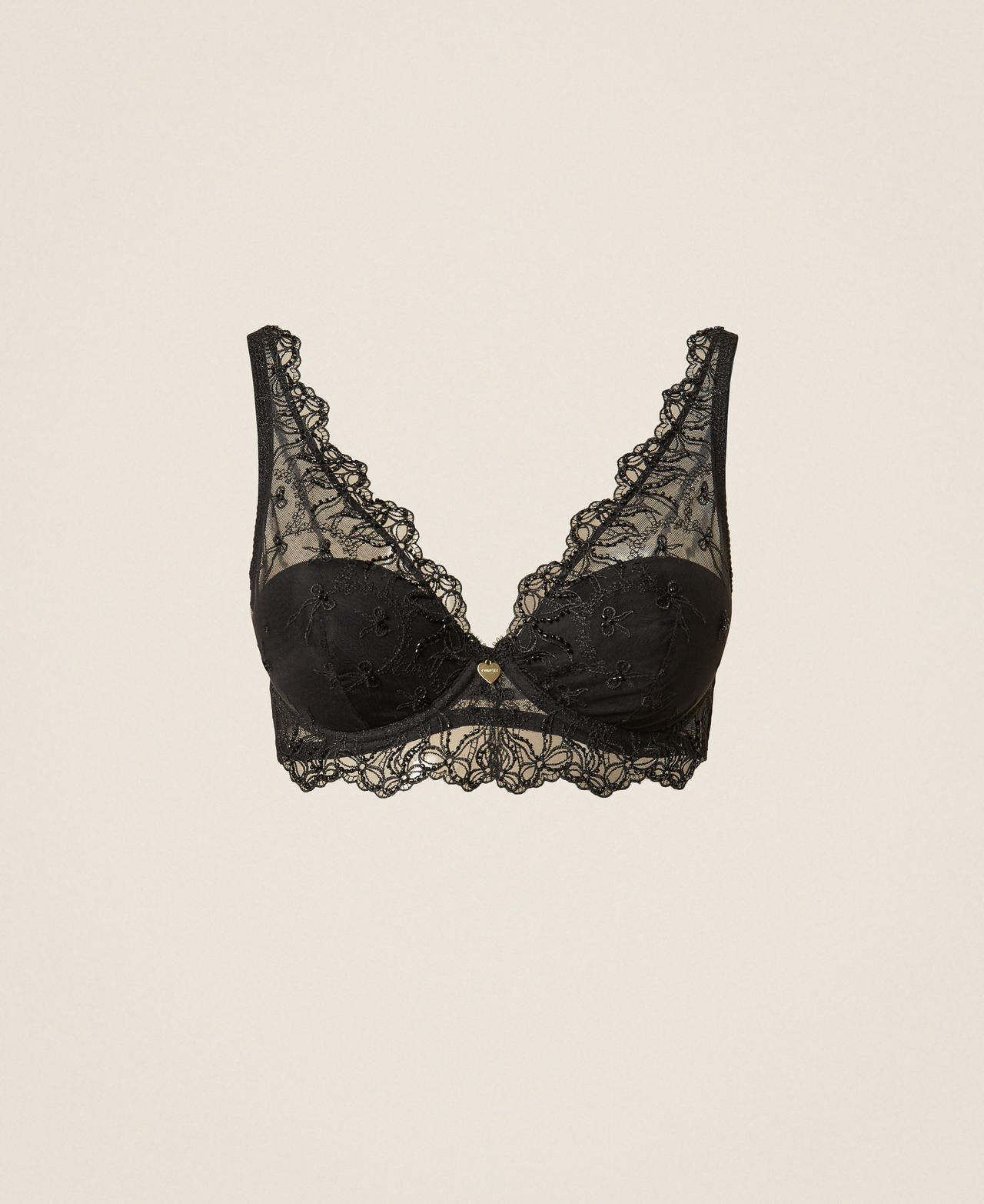 TWINSET - Soutien-gorge brassière en tulle brodé avec nauds, Femme, Noir, 4-D