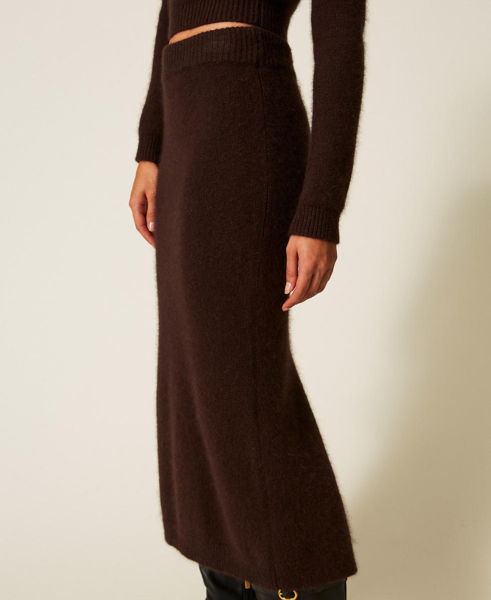 Jupe mi-longue en maille m&eacute;lang&eacute;e d&rsquo;angora Chocolat Noir Femme 252TT3186_11054_04
