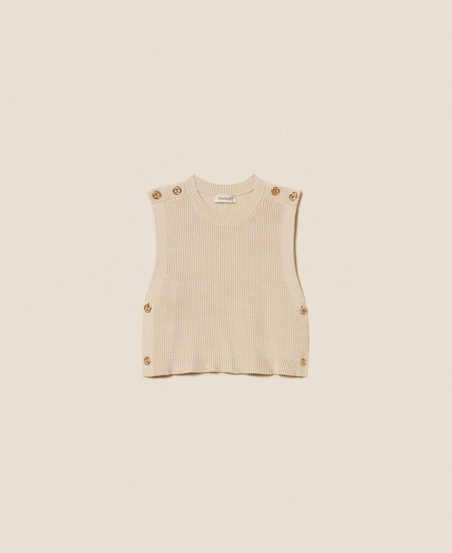 Sleeveless knit jumper with Oval T buttons Biscuit Beige Girl 252GJ3062_10884_S0