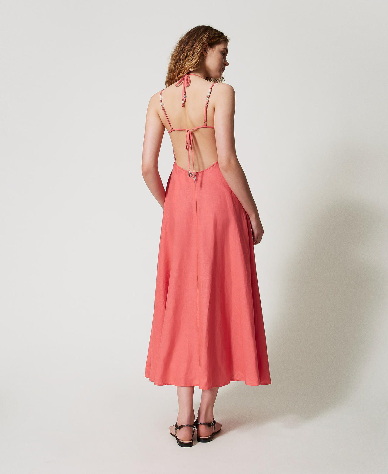 Long linen-blend dress with pearls Coral Sunset Woman 251LM2QBB_12360_03