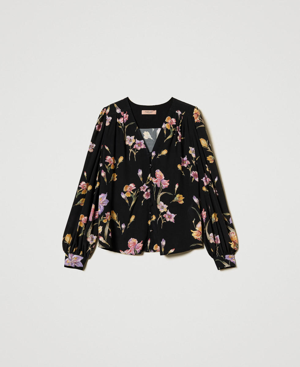 Crêpe de Chine floral shirt Woman, Black | TWINSET Milano Crêpe de Chine floral shirt Woman, Black | TWINSET Milano
