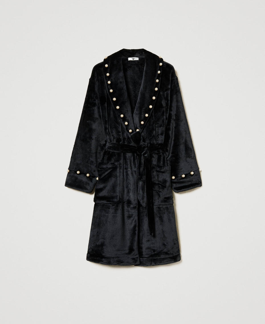 Faux fur dressing gown with pearls Black Woman 242LL2FAA_00006_S0