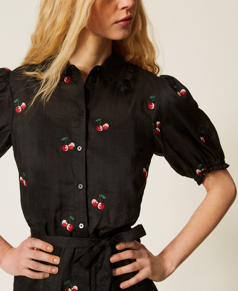 Short ramie dress with embroidery Black/Cherry Red Embroidery Woman 261TT2422_13578_04