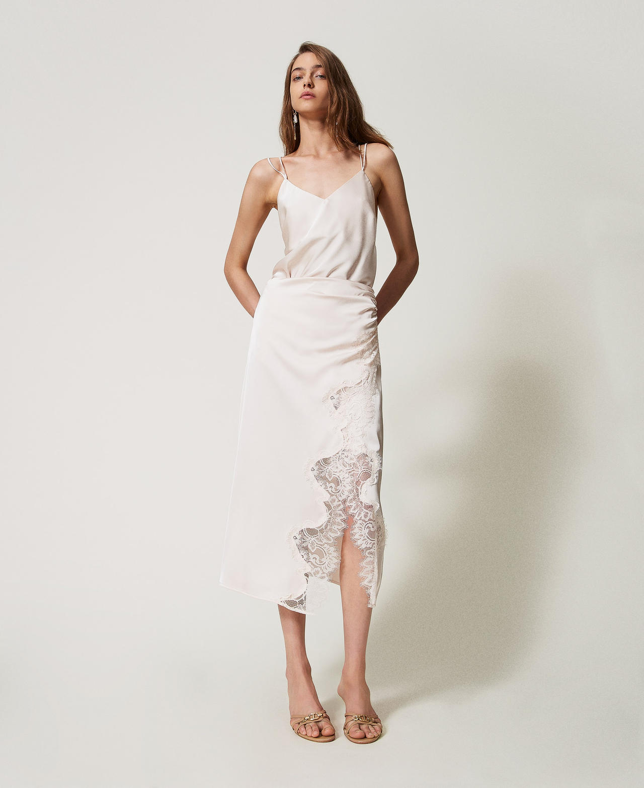 Satin and lace midi skirt Woman, White | TWINSET Milano