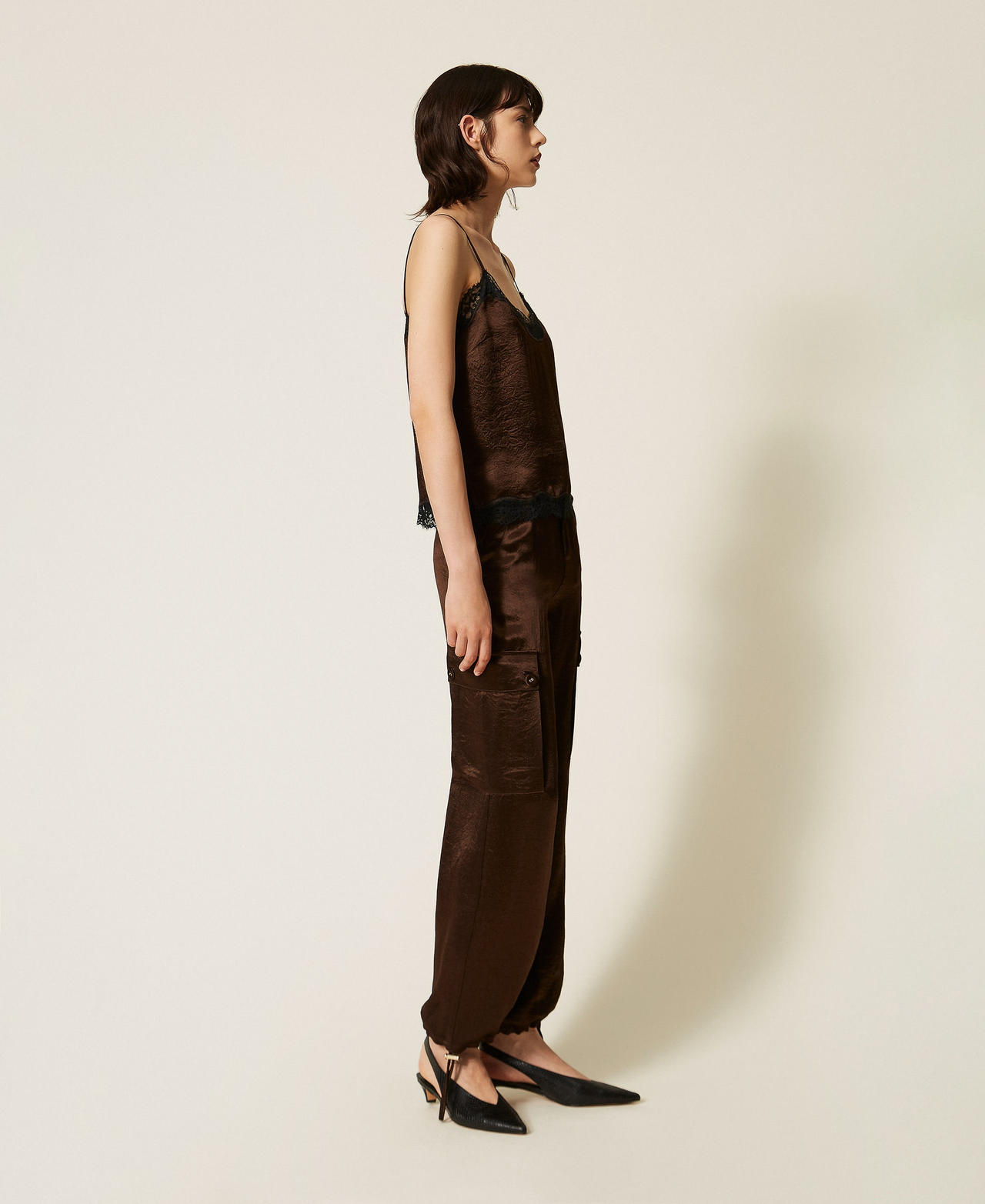 Froiss&eacute; satin cargo trousers Darkness Brown Woman 262TP2101_13411_02