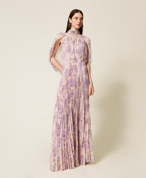 Long pleated creponne floral dress