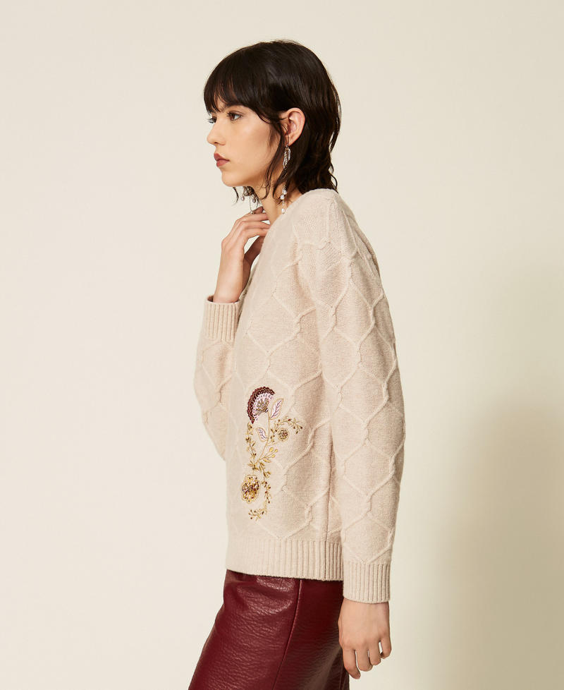 Crew neck wool jumper with floral embroidery Light Beige Melange Woman 262AP3191_13870_02