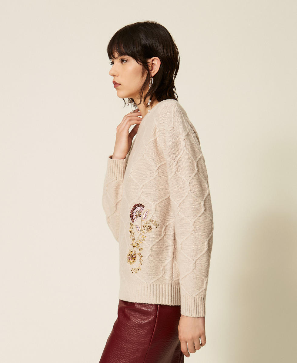 Crew neck wool jumper with floral embroidery Light Beige Melange Woman 262AP3191_13870_02