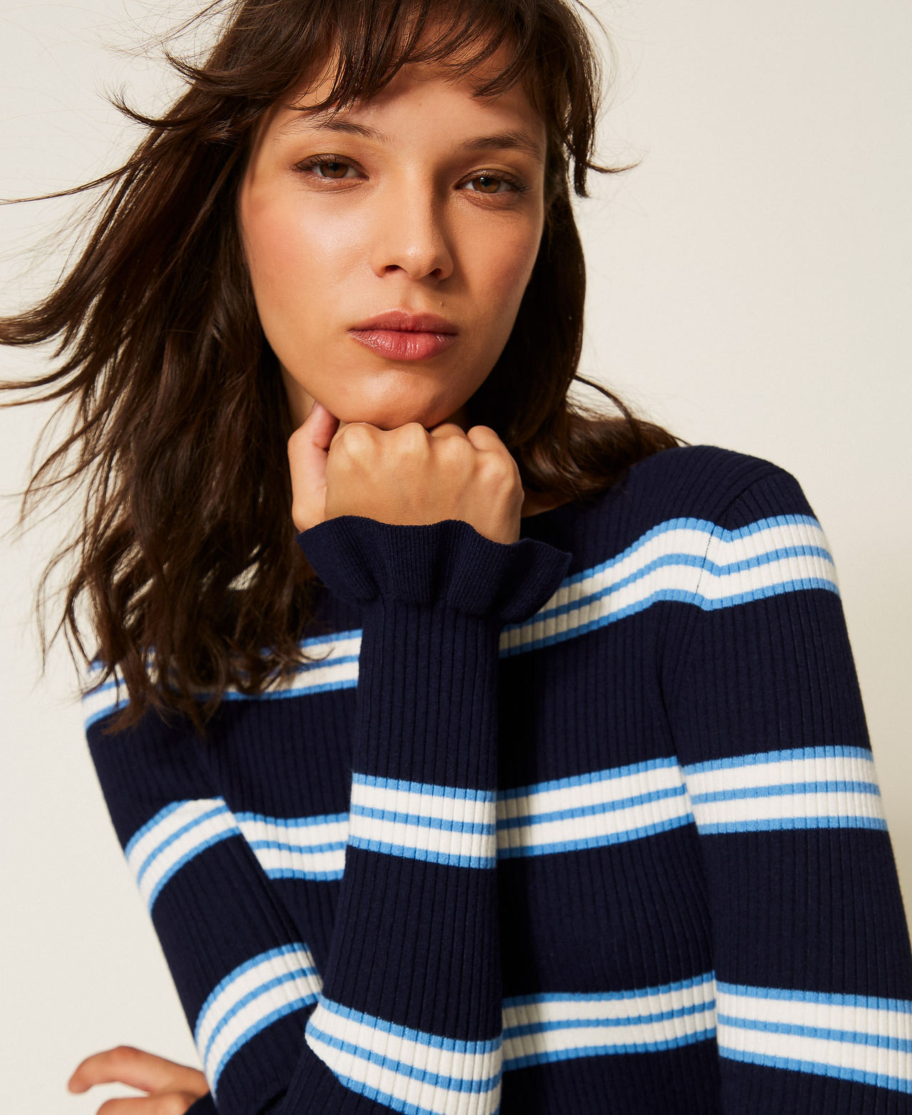 Striped jumper with ruffles Night Blue/Jasmine Blue Stripes Woman 261TP3241_13383_PD