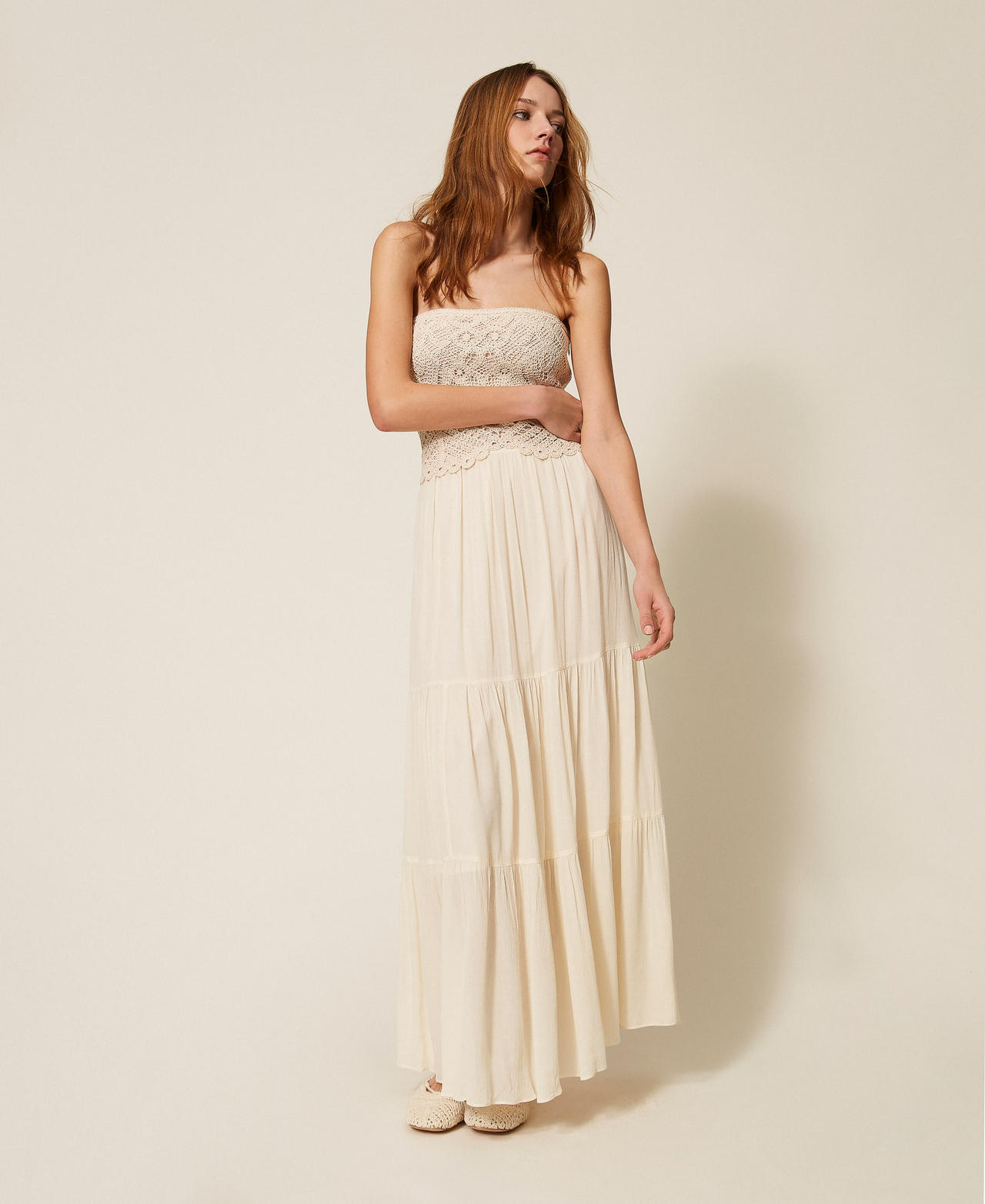 Twinset Dresses - Long crochet and muslin dress, Vanilla White, Cotton, Size: M