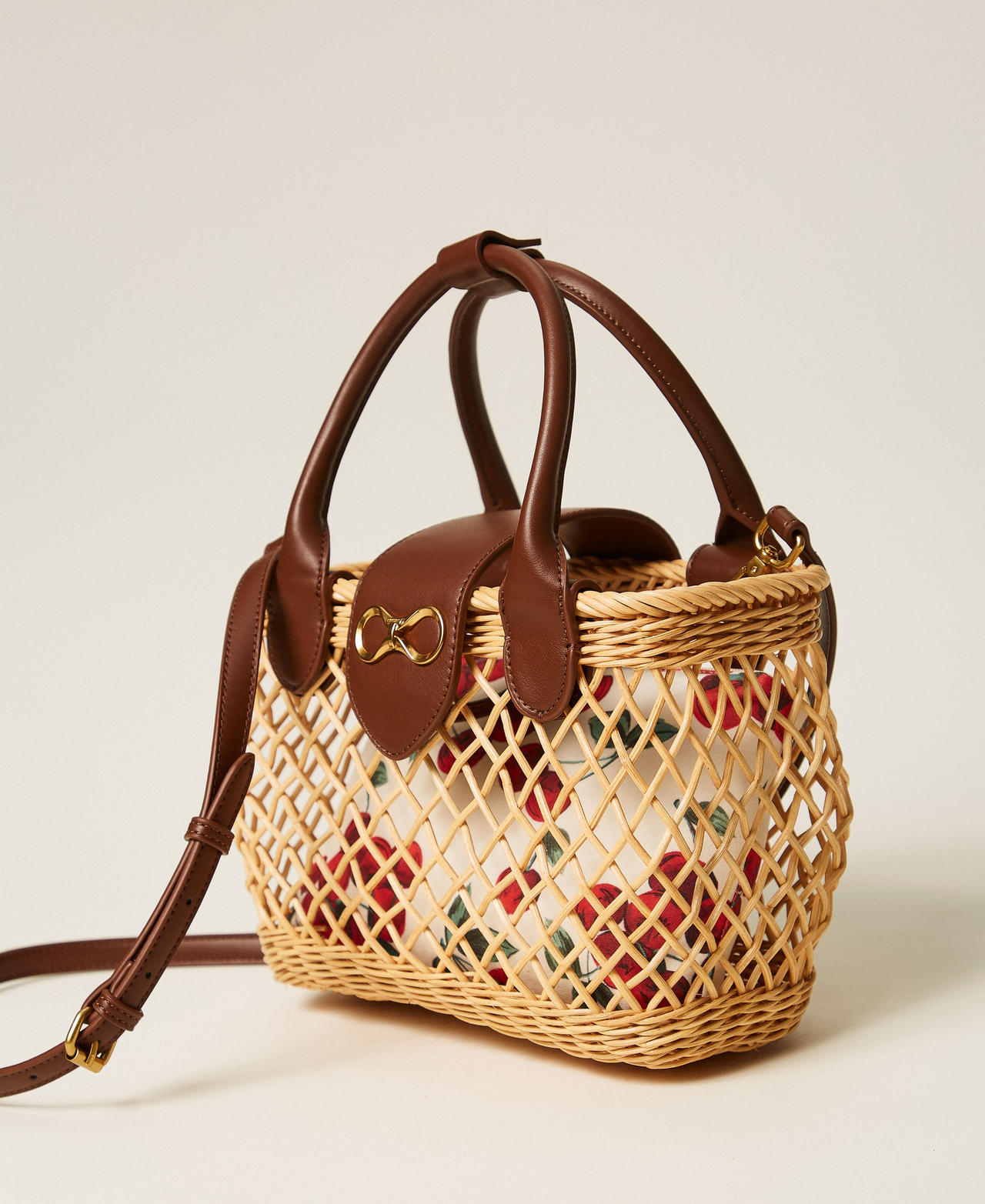 Wicker shoulder bag with pouch Two-tone "Straw" Beige / "Leather" Brown Woman 261TD8252_11617_02