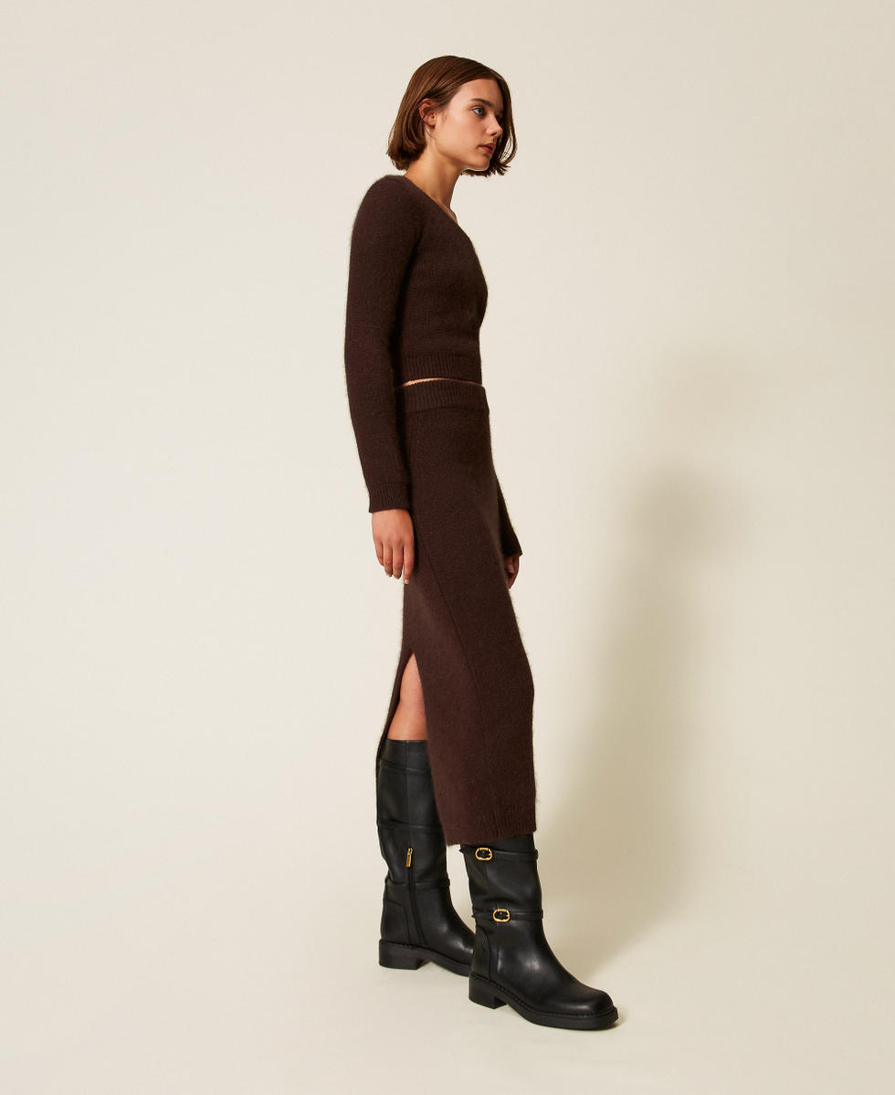 Angora blend knit midi skirt Woman, Brown | TWINSET Milano