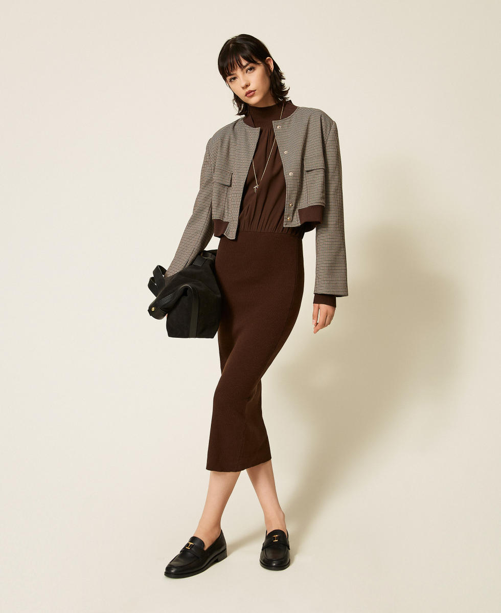 Knit and cr&ecirc;pe de Chine long dress Darkness Brown Woman 262TP3240_13411_T0