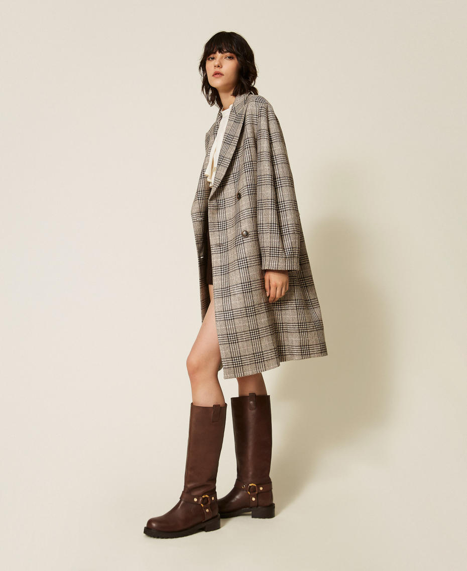 Abrigo de pa&ntilde;o check con lentejuelas Coffee / Cold Beige Mujer 262TP2740_13717_03