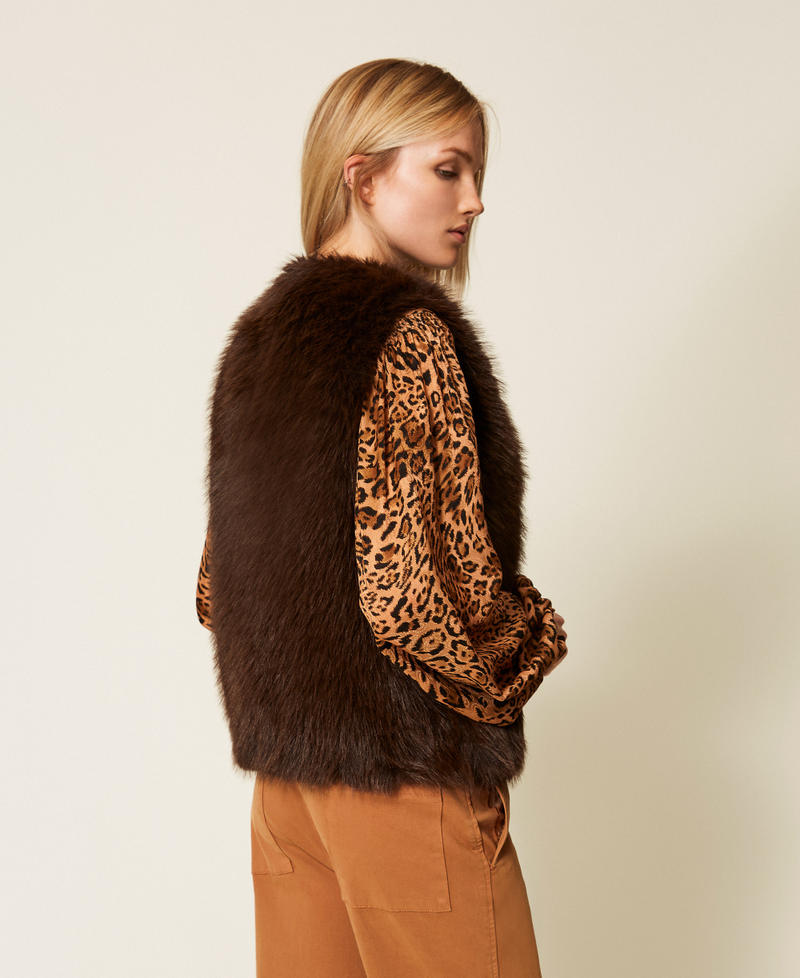 Sleeveless faux fur coat with buttons Two tone Deep Taupe/Black Woman 252TP2421_12792_03