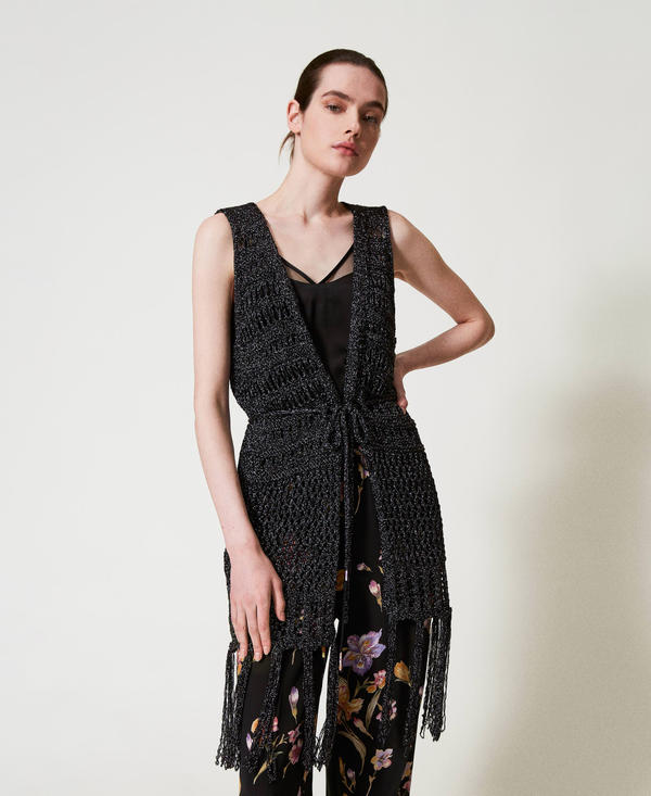 Openwork knit sleeveless cardigan with lurex