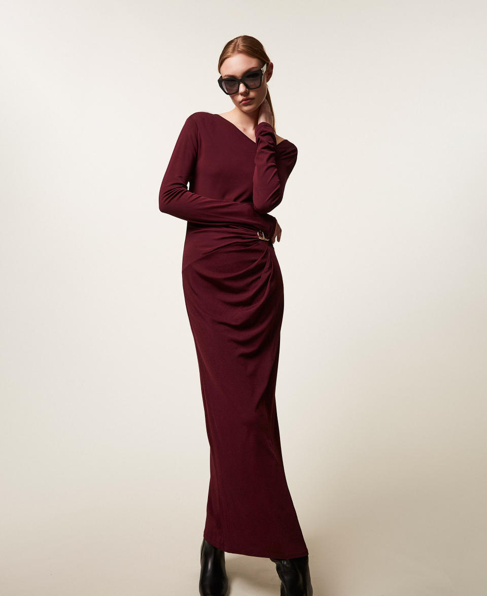 Midi dress with draping and Oval T “Wine tasting” Purple Woman 252TP2023_05609_PC