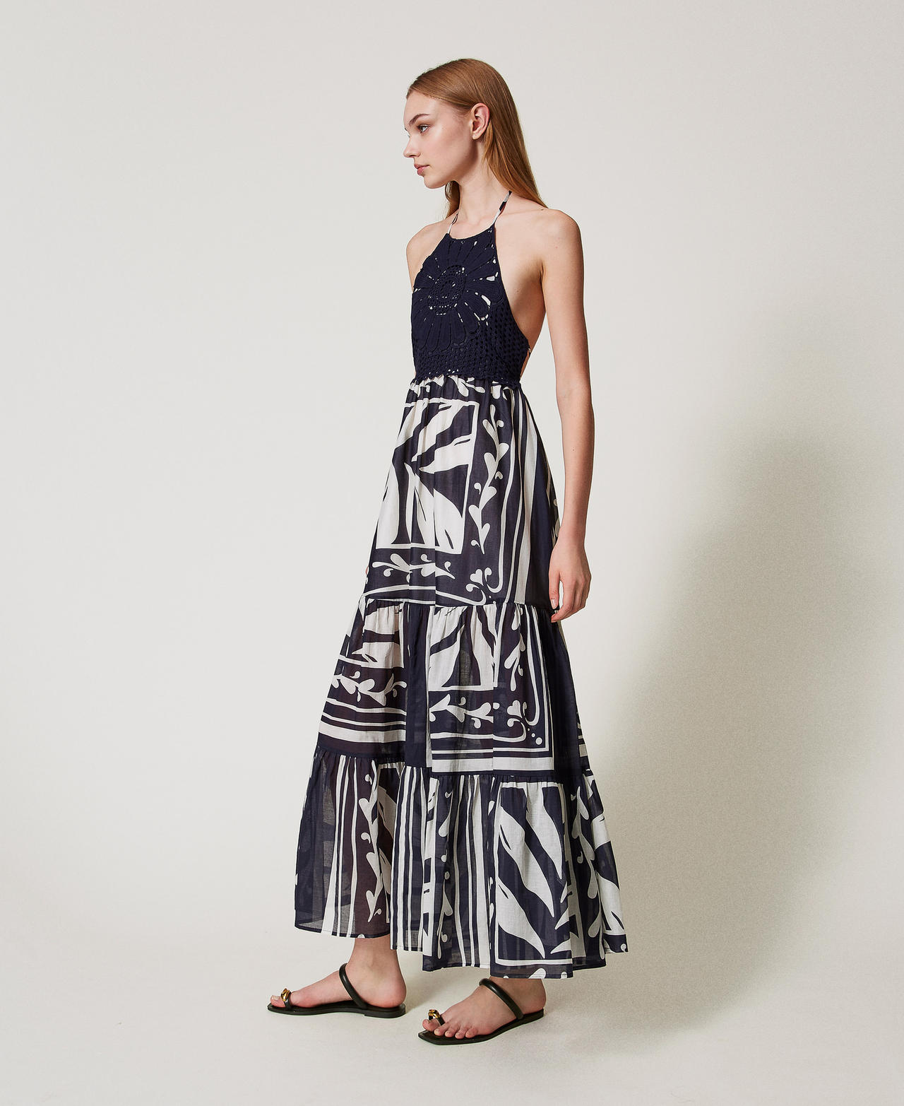 Long dress in muslin and crochet fabric Classic Blue/Classic Blue Foulard Print Woman 251LM2CBB_12489_02