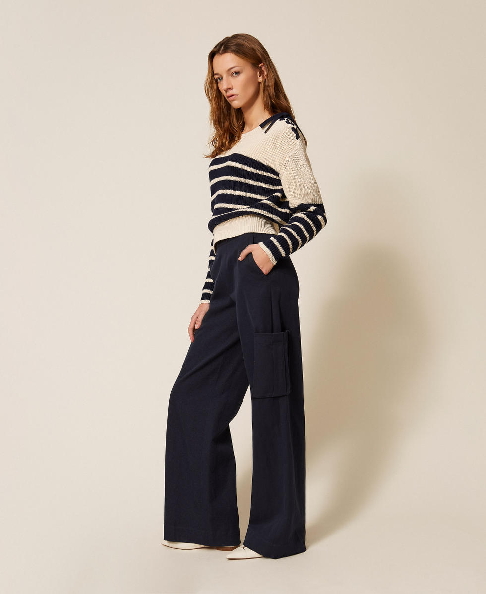 Pantalon cargo ample en gabardine Bleu Nuit Femme 261TP2204_13172_03
