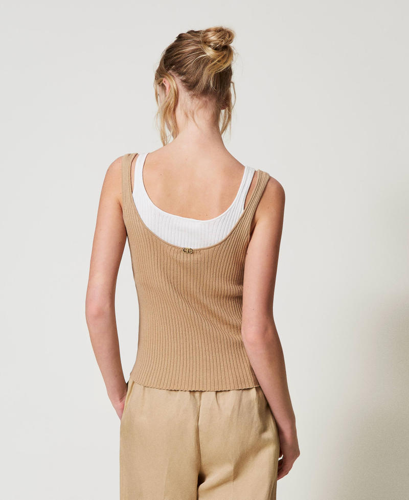 Trompe-l'&oelig;il fitted knit top Two-tone Rope Beige/Snow Woman 251TE3015_12292_03