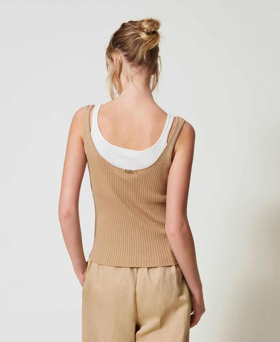 Trompe-l'œil fitted knit top Two-tone Rope Beige/Snow Woman 251TE3015_12292_03