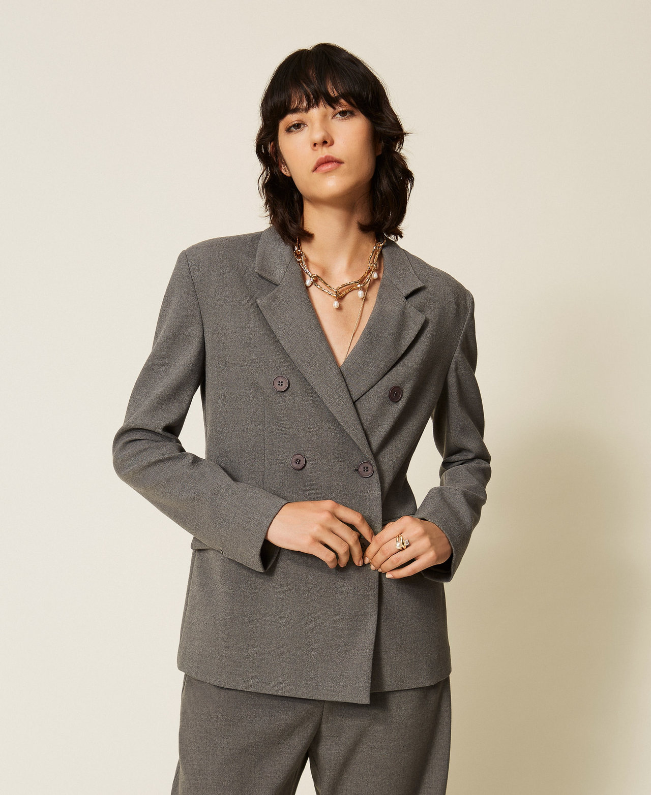 Double-breasted flannel jacket Mid Grey Melange Woman 262AT2210_12838_01
