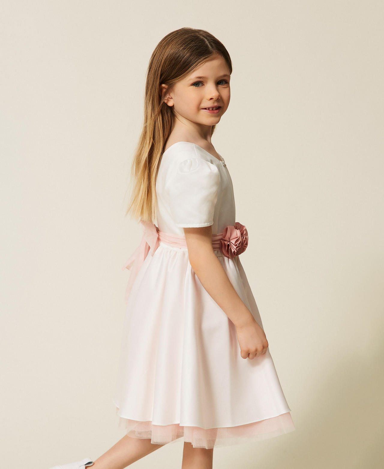 Abito corto baby in raso duchesse e tulle Bicolor Off White / Pink Dancer Bambina 261GB2102_13233_02