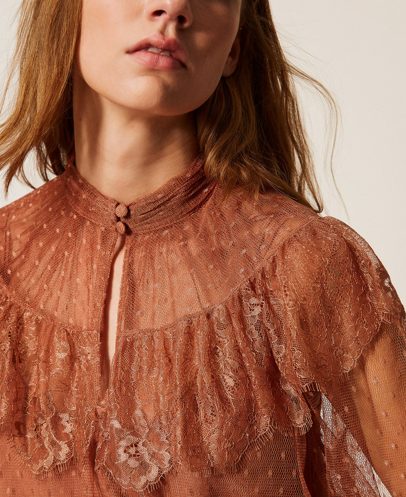 Plumetis tulle and lace blouse Mocha Mousse Brown Woman 261TP2772_13168_04