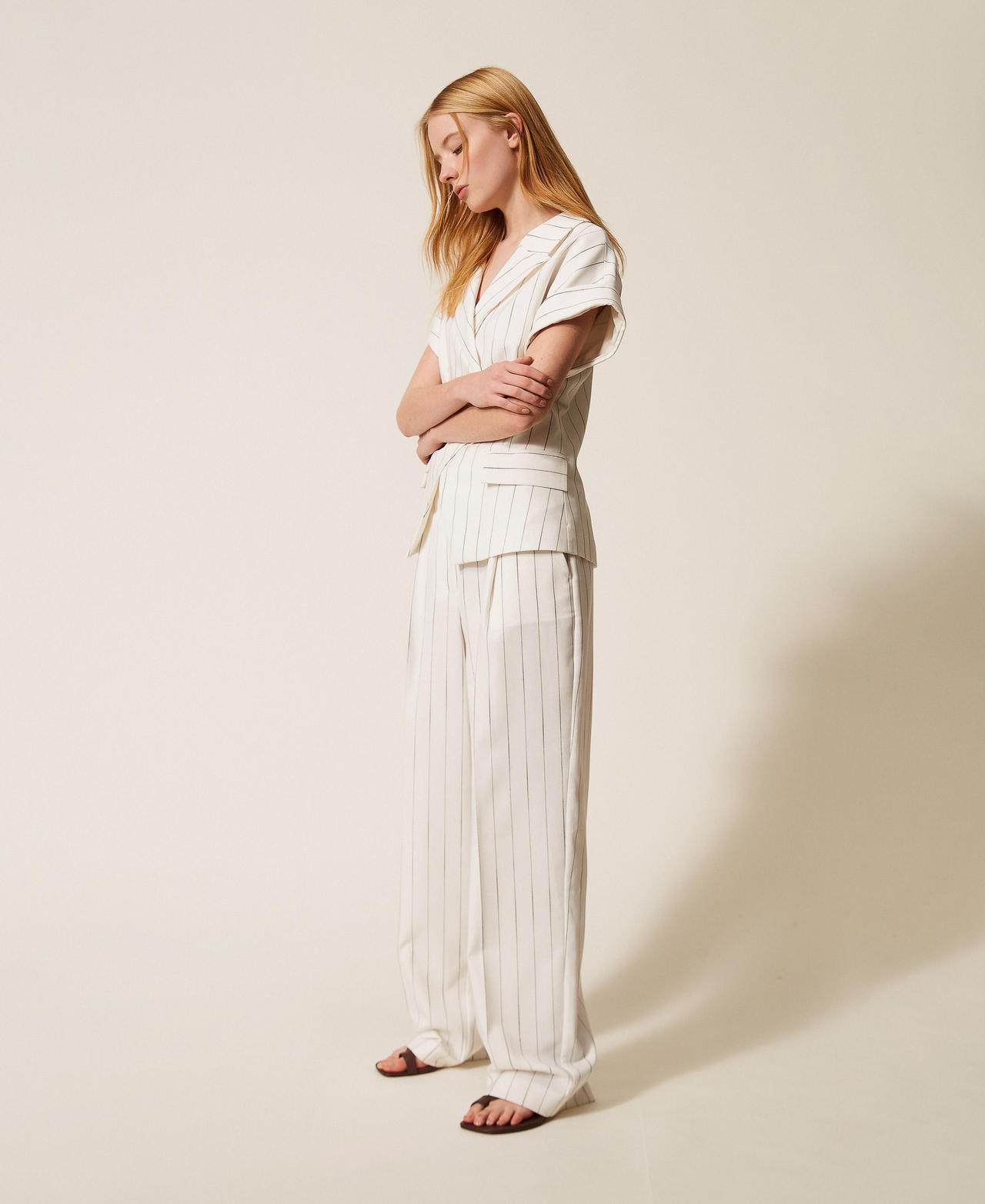 Pantalon fluide ray&eacute; Blanc Cass&eacute; Pinstripe Femme 261AP2084_13283_02