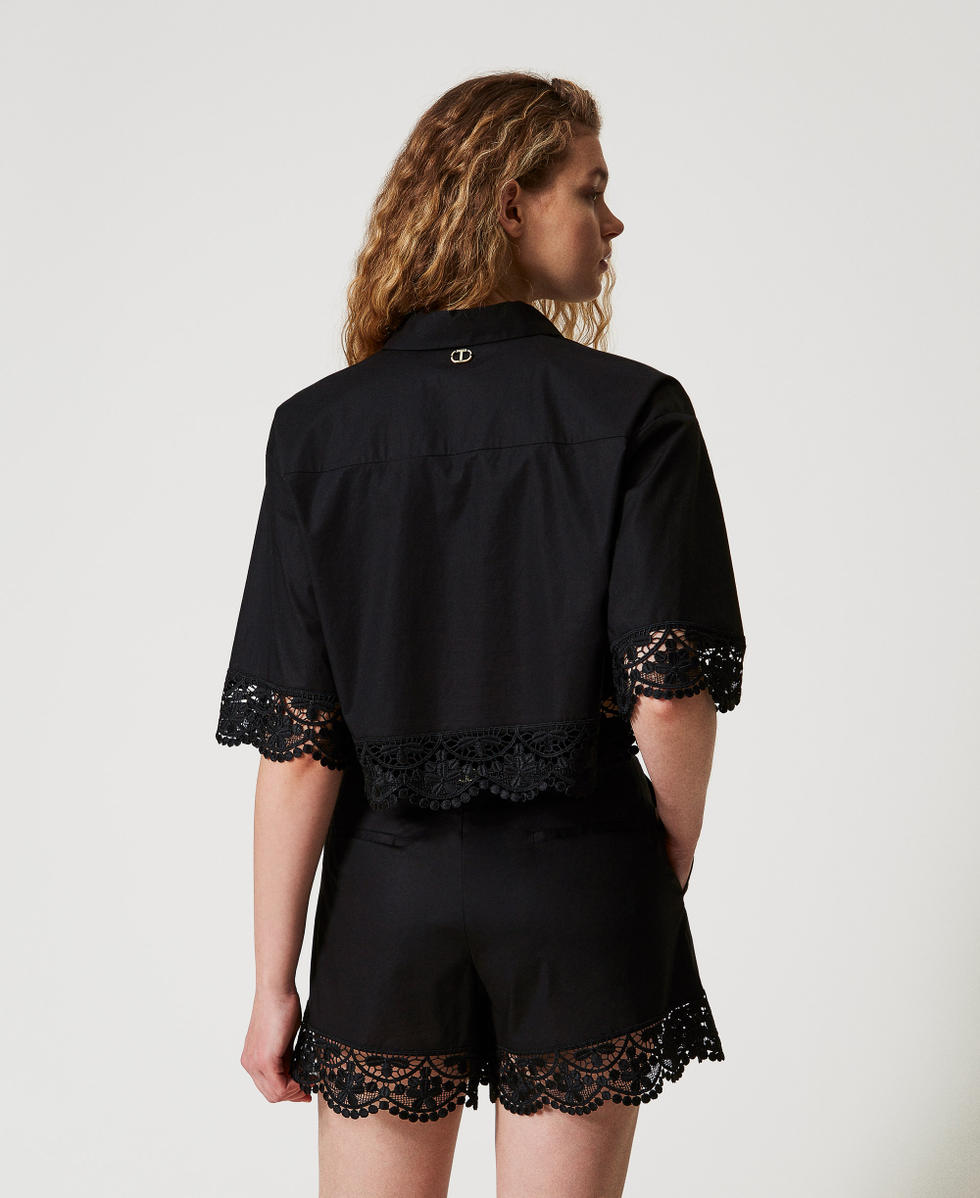 Cropped poplin shirt with lace Woman, Black | TWINSET Milano